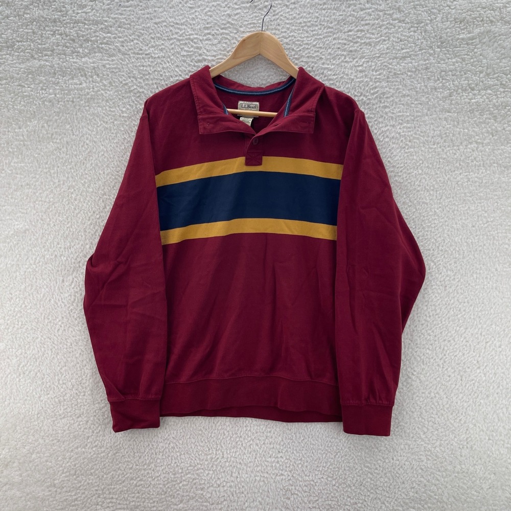 LL Bean Rugby Shirt Mens Large Red Blue Yellow Striped Mock Neck Preppy Y2K